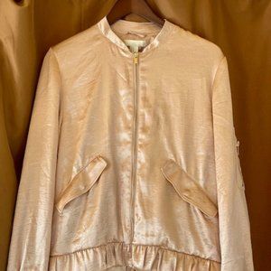 PINK SATIN BOMBER JACKET WITH GOLD HARDWARE